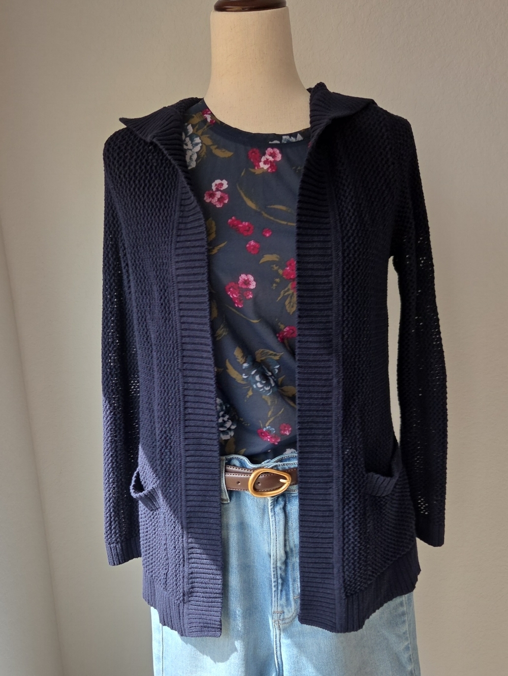 Talbots Navy Blue Open-Front Hooded Knit Cardigan Pockets 100% Cotton Coastal